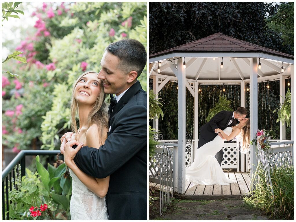 Bride and groom golden hour portrait in garden at Riverdale Manor, bride and groom kissing in lit gazebo at night