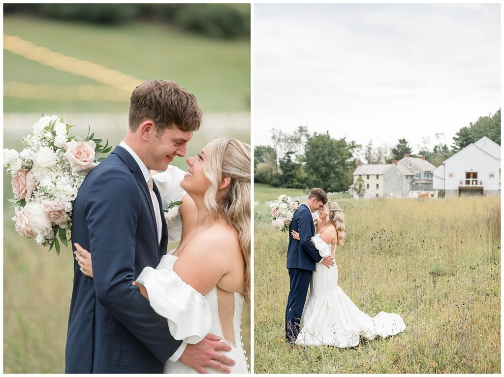 Amanda and Jake smiling nose to nose in a wildflower field, next to a wider view of them embracing with the barn and stone manor behind them